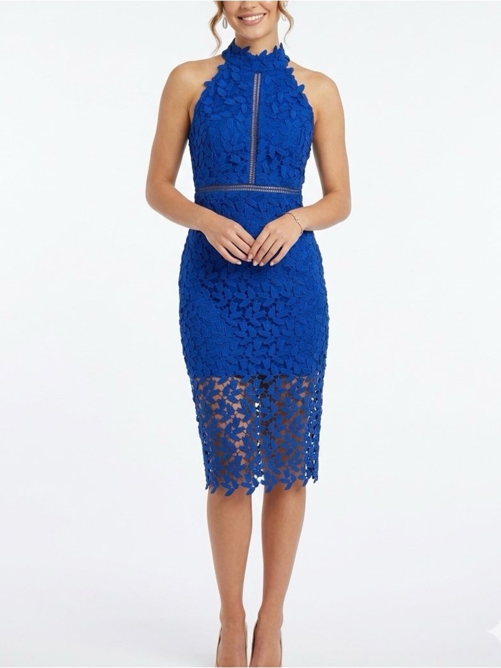 Bardot Gemma Cobalt Blue Lace Halter Midi Dress Size 6
